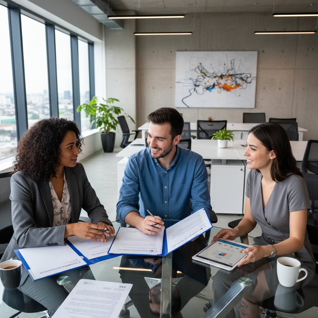 Młodzi profesjonaliści omawiający certyfikaty językowe w nowoczesnym biurze, widoczny ekran z dokumentami