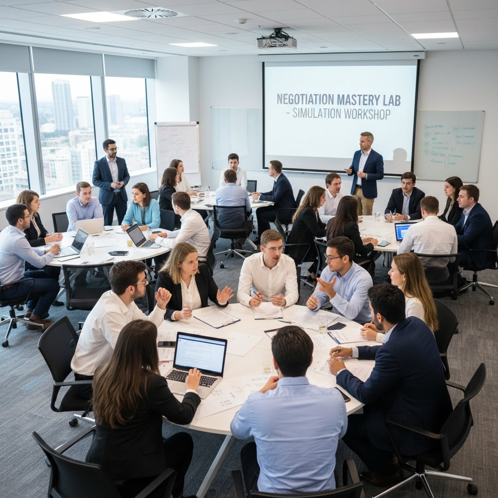 Grupa młodych profesjonalistów testuje symulator negocjacji online podczas warsztatów