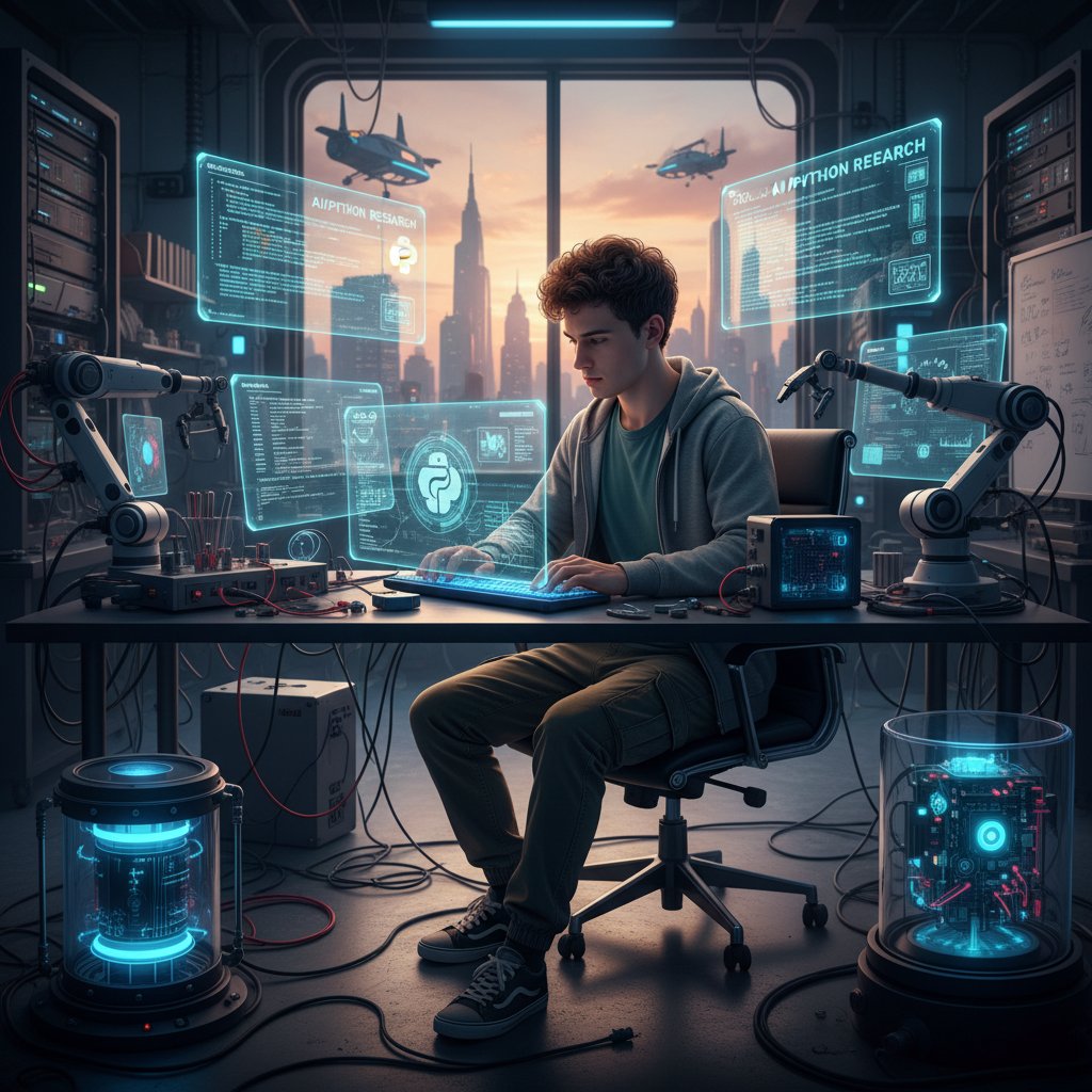 Młoda programistka pracująca z AI Python w laboratorium badawczym, nowoczesne technologie