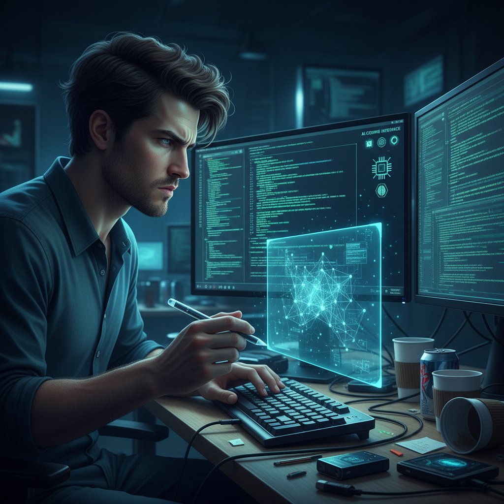 Młody programista przy monitorze, koduje algorytm AI, skupiony wyraz twarzy