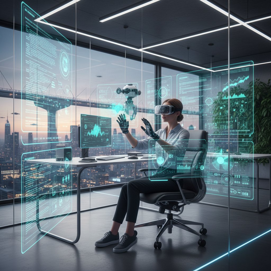 Młody programista testujący AI w środowisku VR, futurystyczne biuro, ekrany z analizą danych