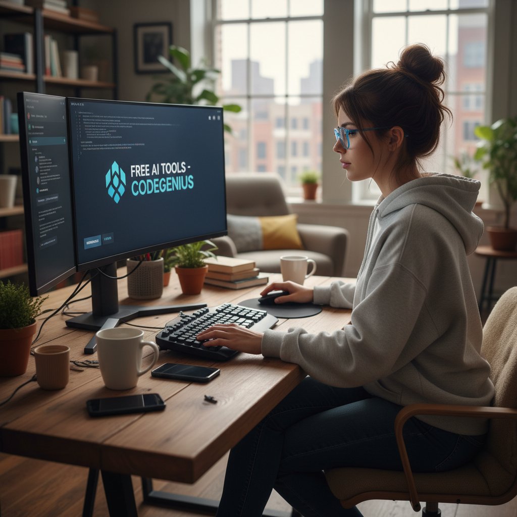 Młody programista korzystający z bezpłatnego narzędzia AI na laptopie w domowym biurze, skupienie, prosty wystrój