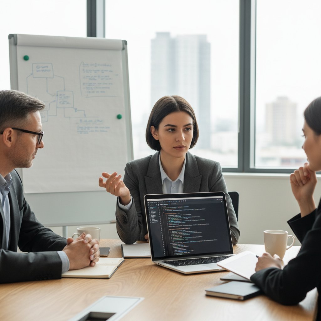 Młody programista podczas rozmowy kwalifikacyjnej w biurze IT