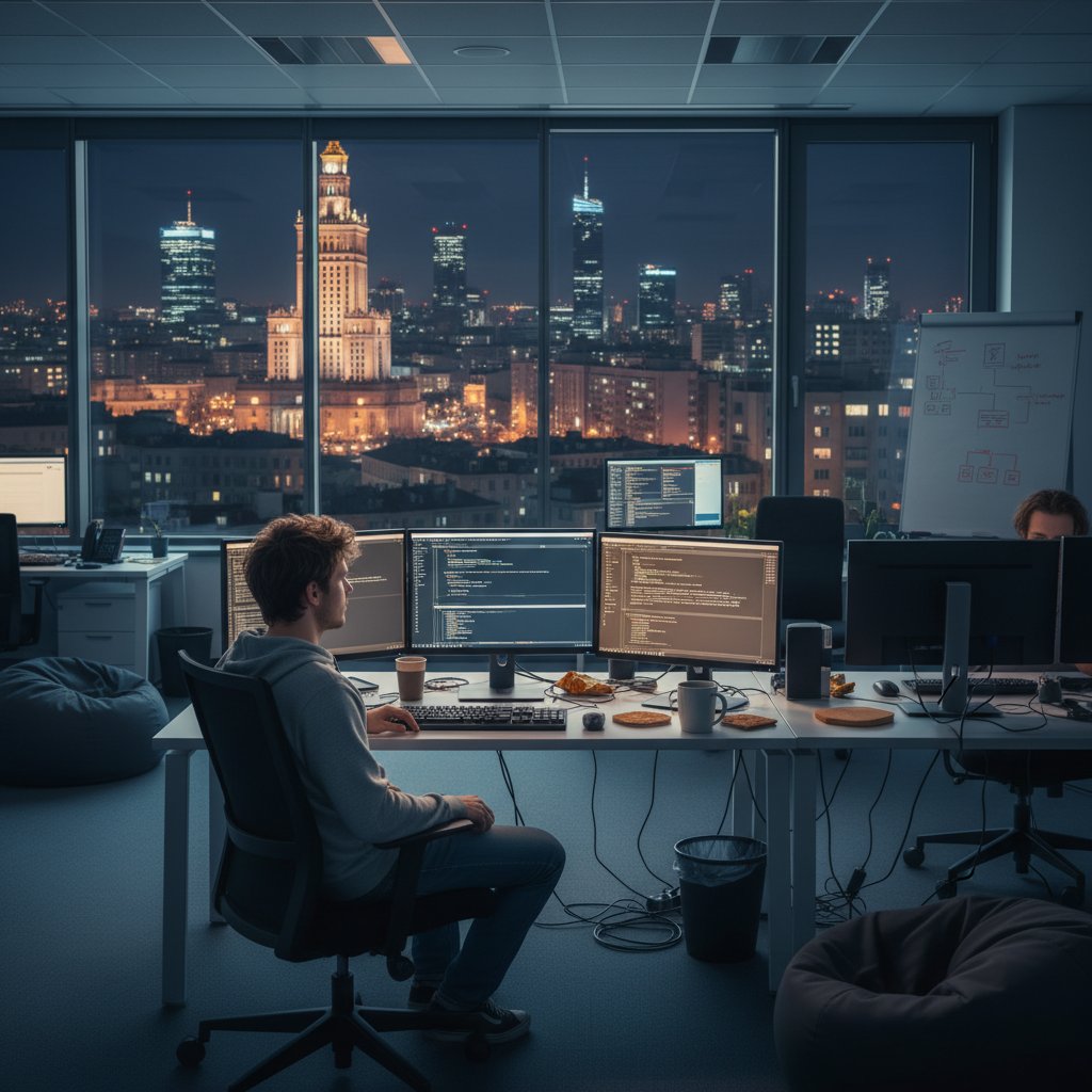 Młody informatyk pracujący nocą przy komputerze w warszawskim biurze – obrazek symbolizujący polską cyfrową rewolucję