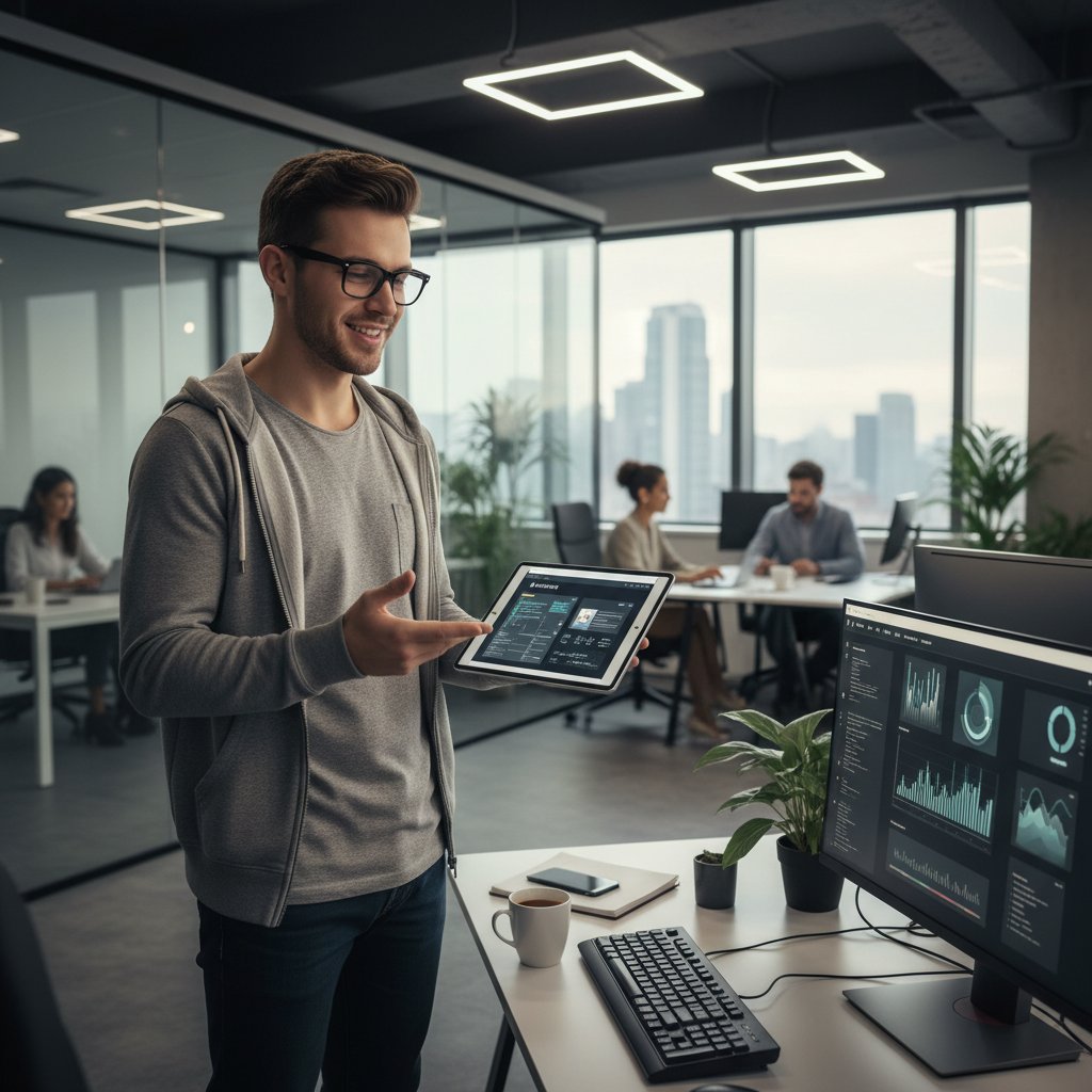 Młody programista prezentujący swoje portfolio na tablecie