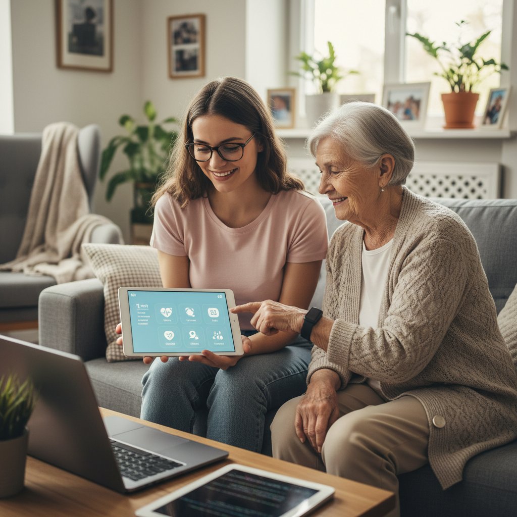 Młody programista testujący aplikację zdrowotną z seniorką w domowych warunkach