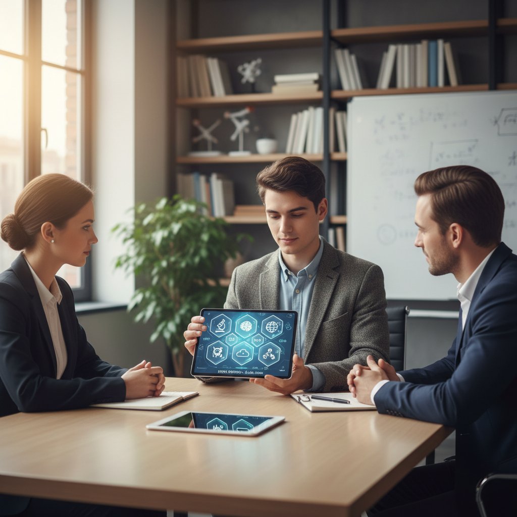 Young research assistant showcasing digital credentials during interview, making their certification matter