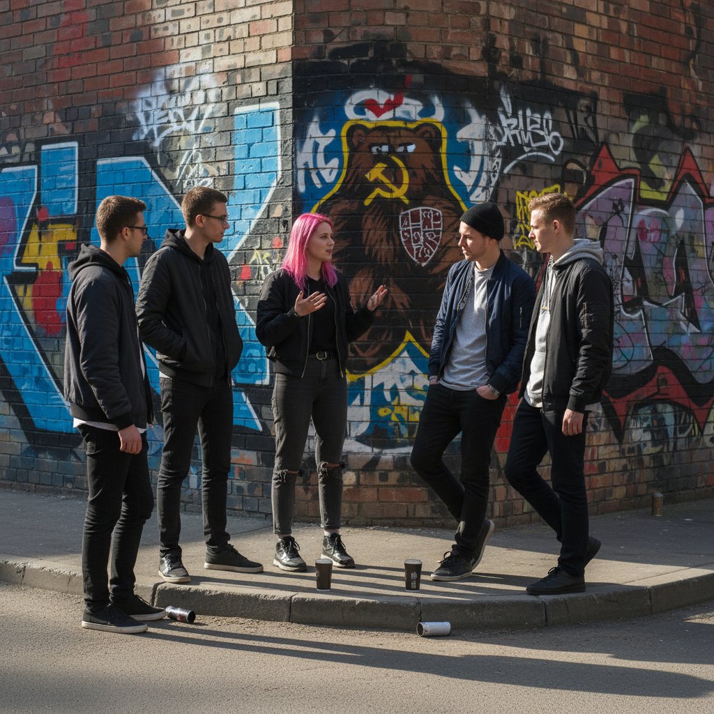 Młodzi Rosjanie rozmawiający na ulicy, graffiti w tle, klimat miejskiej codzienności