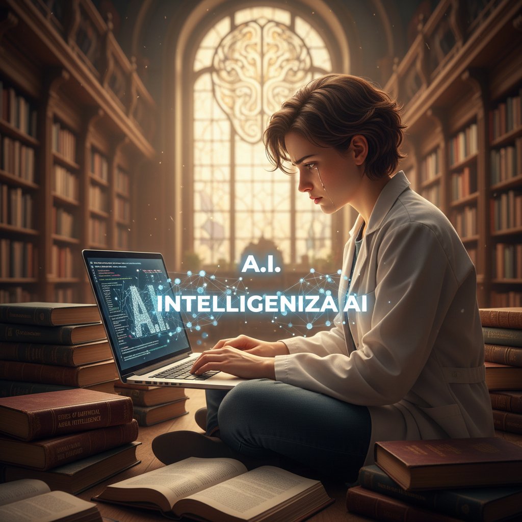 Młody naukowiec analizujący dylemat etyczny AI na laptopie z logo inteligencja.ai, w tle biblioteka i książki filozoficzne