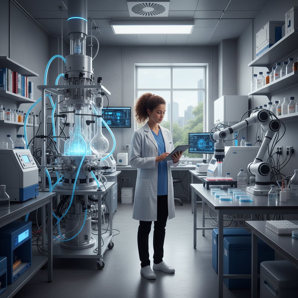 Młody naukowiec w laboratorium, testujący nowe metody immunoterapii, atmosfera innowacji