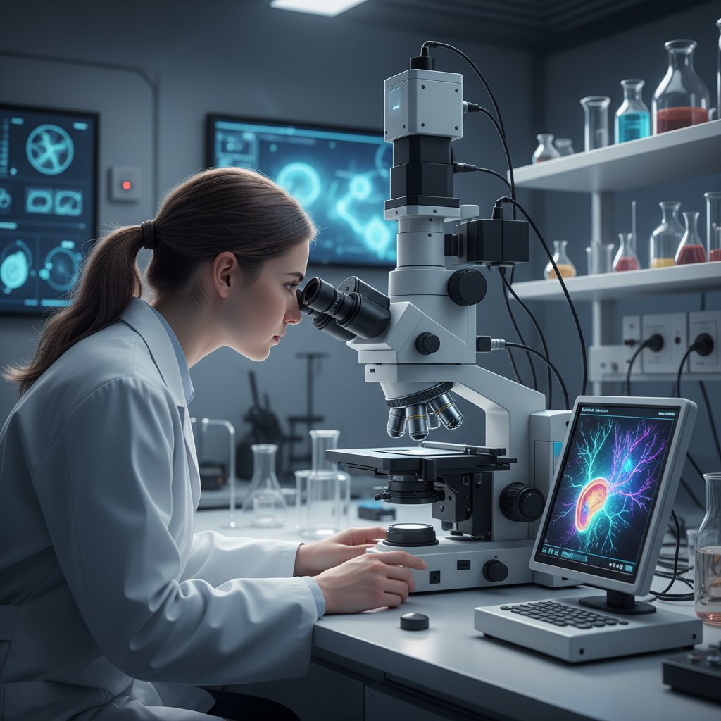 Młody naukowiec pracujący z nowoczesnym mikroskopem, badania nad terapią ucha wewnętrznego