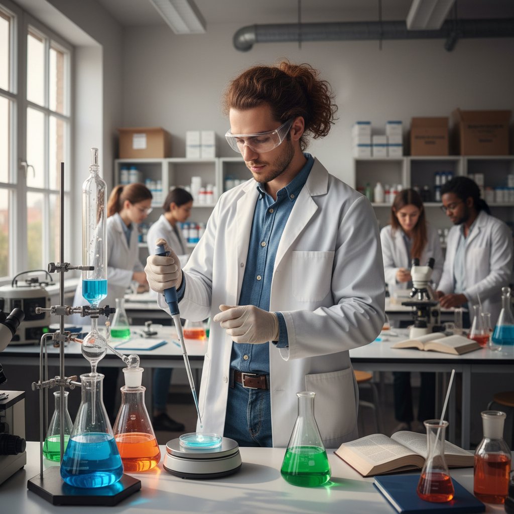 Młody Jon Kabat Zinn w laboratorium uniwersyteckim, skupiony na badaniach