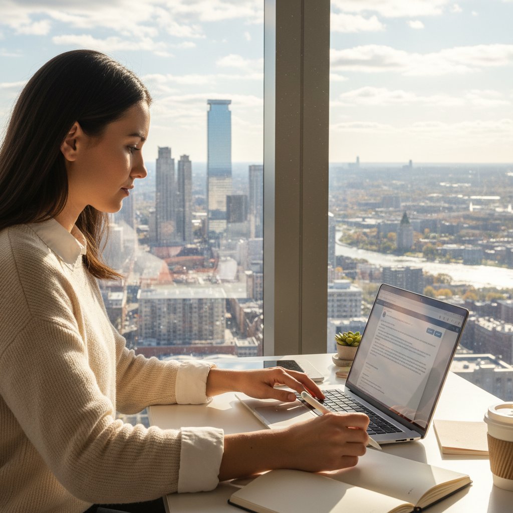 Młoda specjalistka pisząca post na LinkedIn na tle miejskiego pejzażu