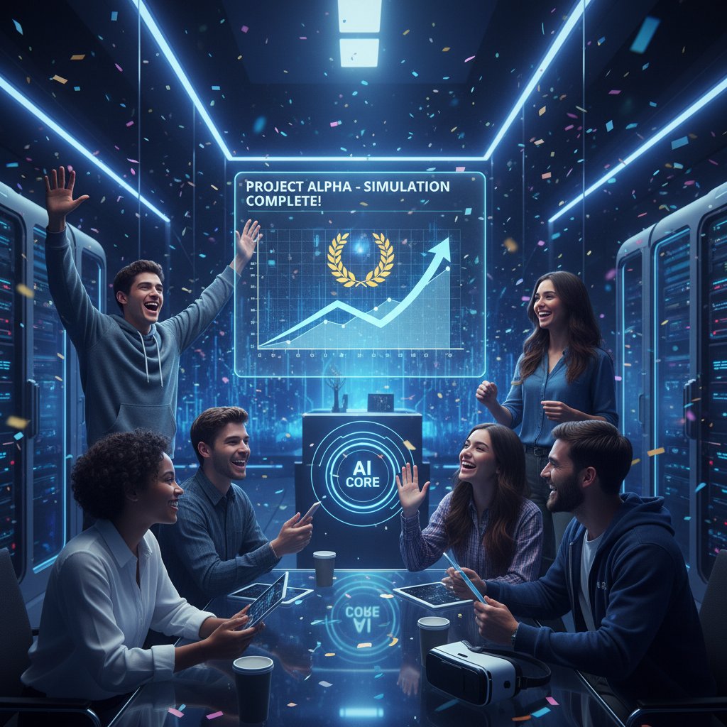 Młody zespół startupowy z Poznania celebrujący sukces po wdrożeniu symulatora AI