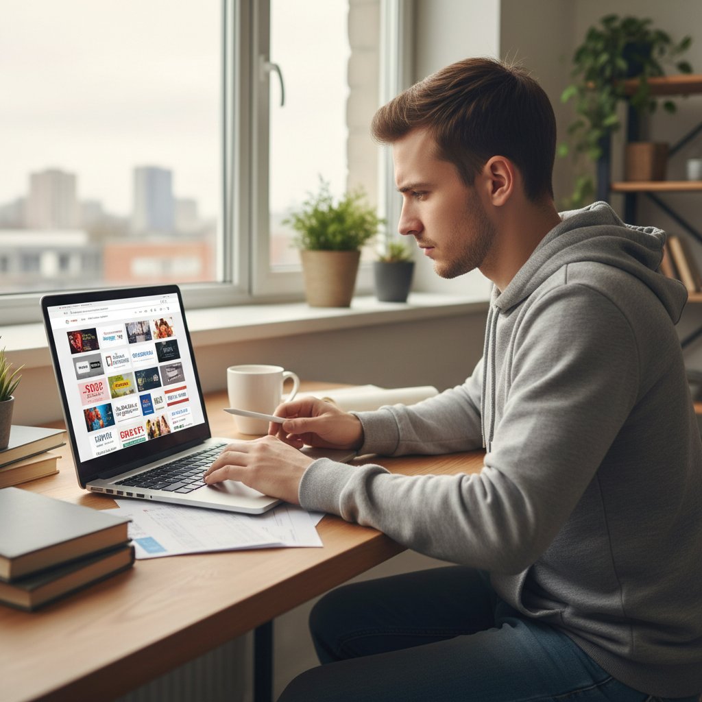 Młody uczeń analizujący oferty nauczycieli online, skupiona mina, laptop i notatki na biurku