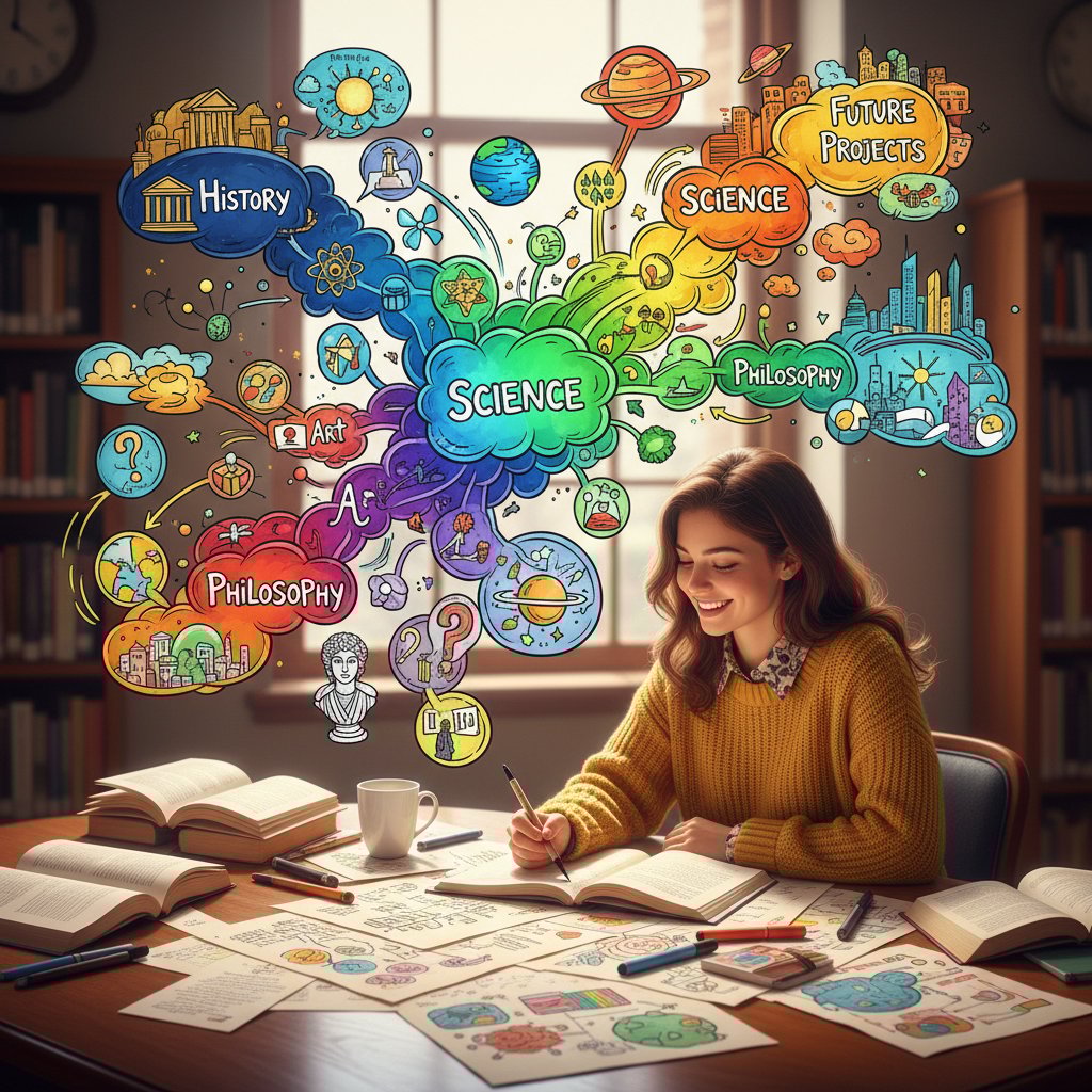 Młody uczeń tworzący kolorową mapę myśli na papierze