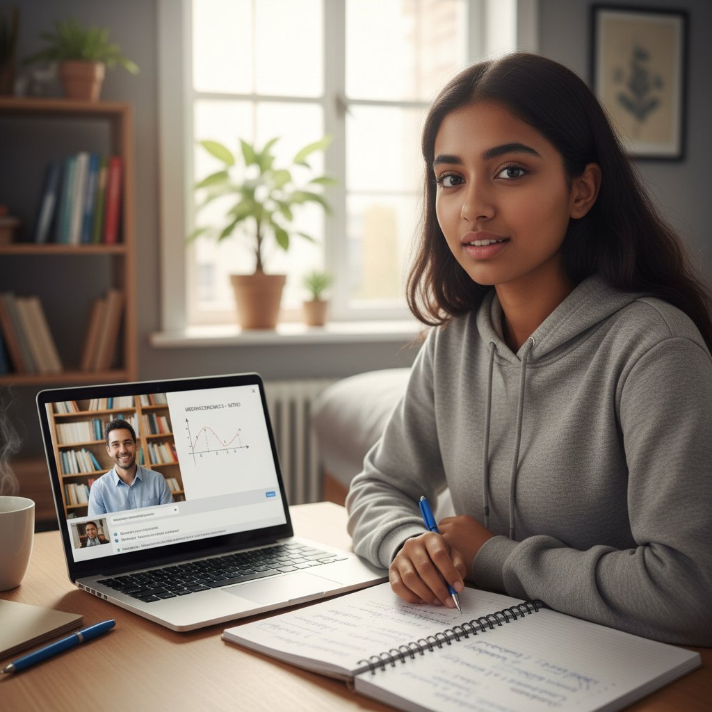 Młody student podczas pierwszej lekcji mikroekonomii online – kamera, zeszyty, komputer