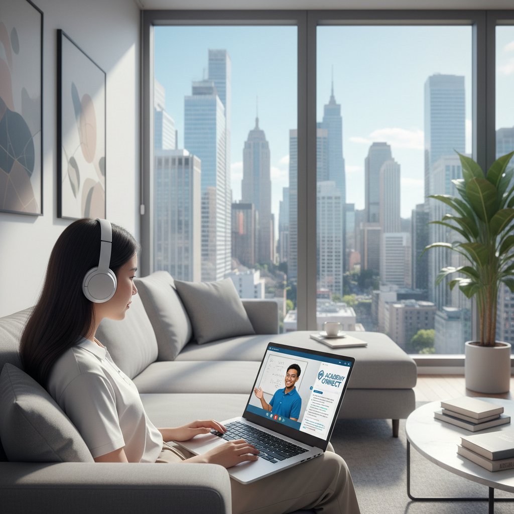 Junger Schüler lernt am Laptop im Wohnzimmer, moderne Stadt im Hintergrund, symbolisiert Aufstieg der Nachhilfeplattformen online