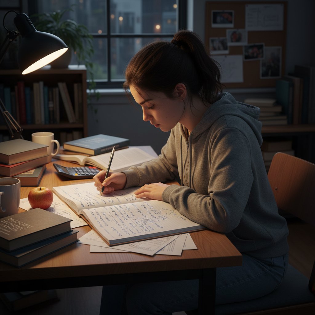 Młody uczeń rozwiązuje zadania z ciągów matematycznych przy biurku