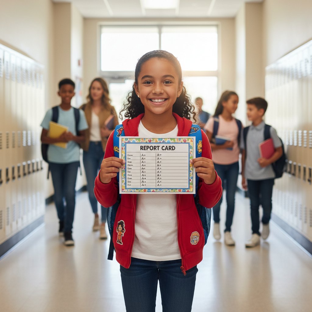Uczennica z lepszymi ocenami na świadectwie, korytarz szkolny, uśmiechnięta