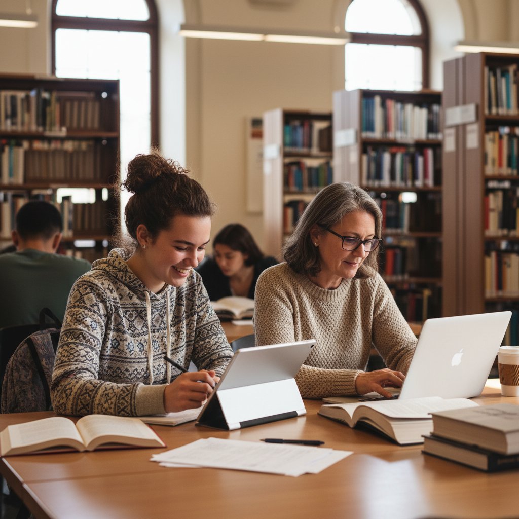 Młoda uczennica pracująca przy tablecie i maturzysta analizujący wyniki na laptopie – różne strategie indywidualnego planu nauki online