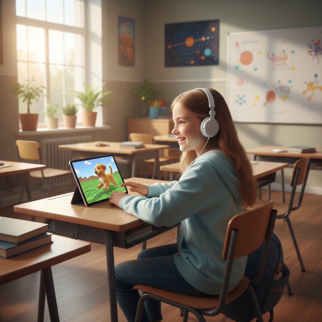 Uczeń bawiący się wirtualnym szczeniakiem na lekcji, pies symulator opieki nad szczenięciem jako narzędzie edukacyjne w szkole