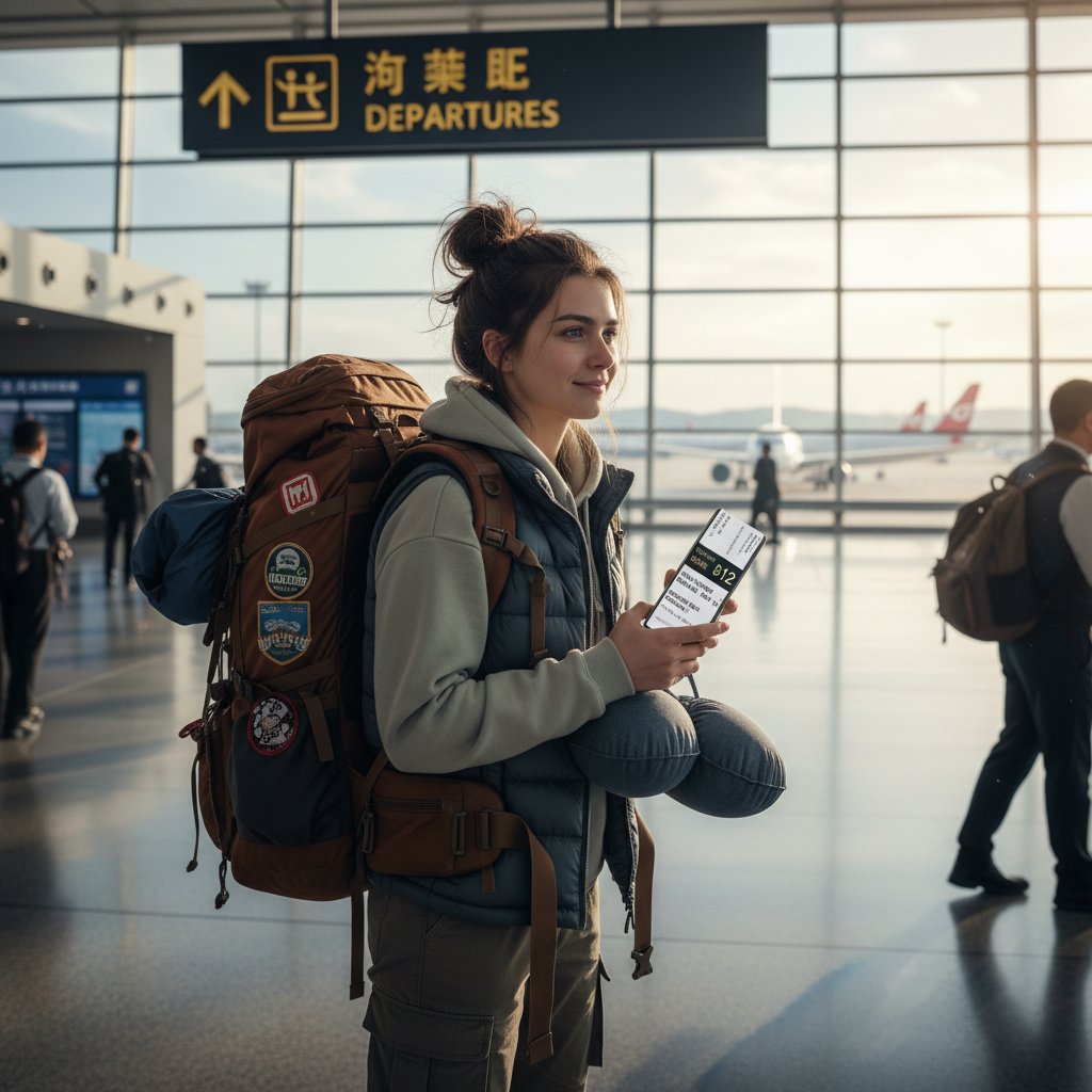 Young student traveler, backpack slung over shoulder, checking ticket on phone at Lanzhou airport, hopeful but tired