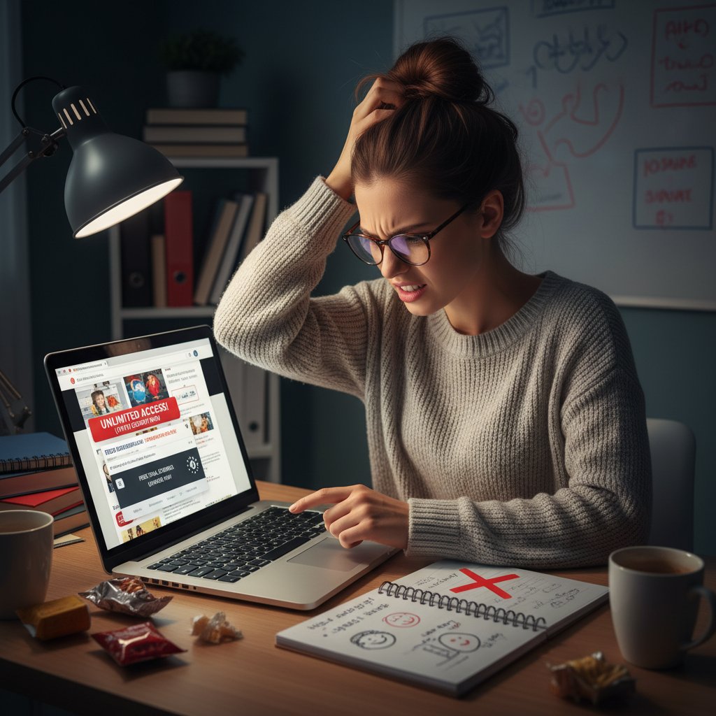 Młody nauczyciel korzystający z darmowego narzędzia online, z widocznymi oznakami frustracji