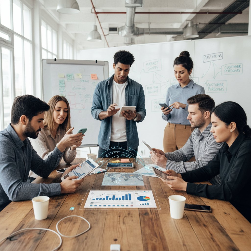 Młody zespół analizujący dane na różnych urządzeniach mobilnych, symbolizując trendy w obsłudze klienta