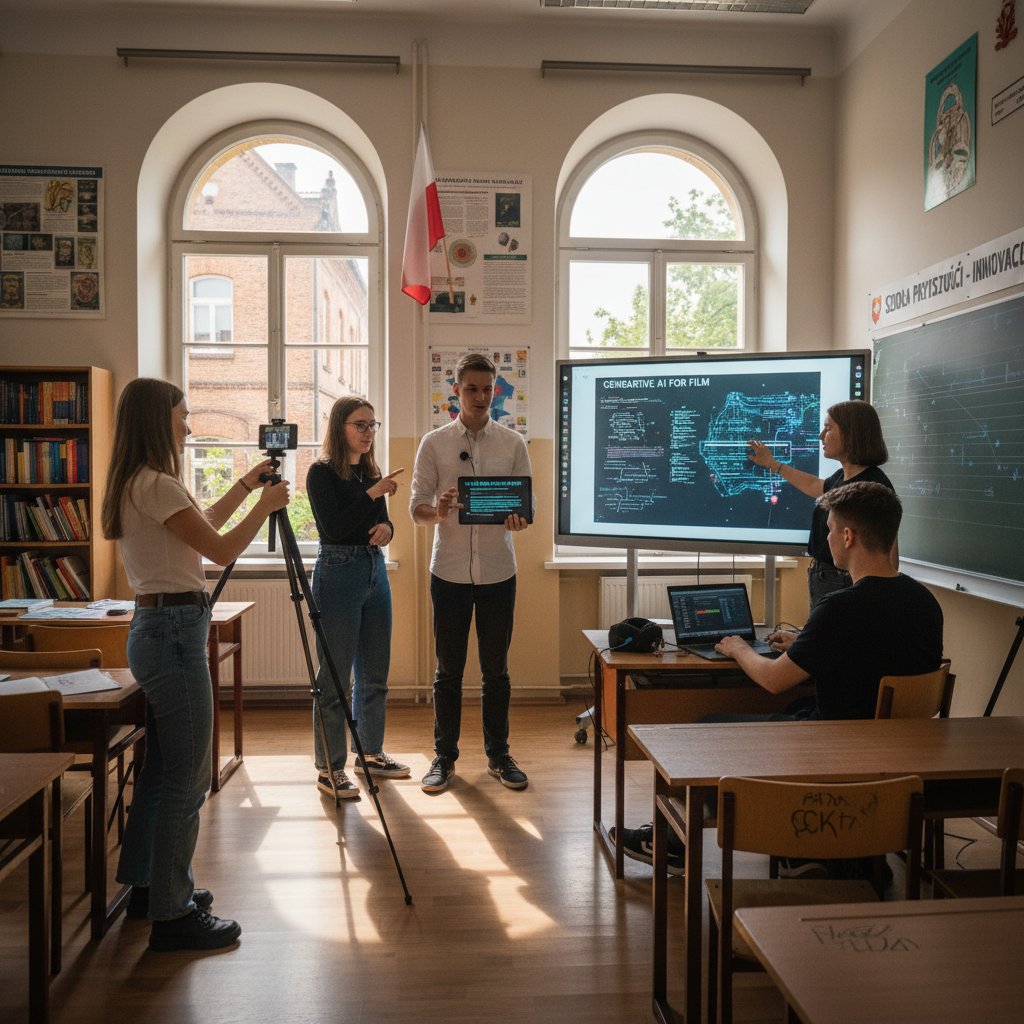 Młody zespół nagrywający film według scenariusza AI na tle polskiej szkoły