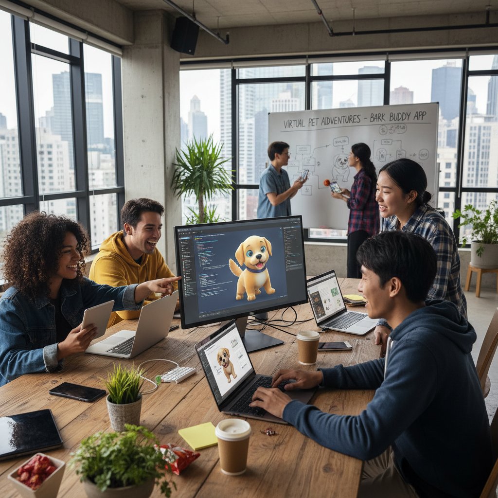 Zespół młodych twórców pracujący przy komputerach nad aplikacją do zabawy z wirtualnym psem, słowa kluczowe: polski startup, pet tech, innowacje cyfrowe