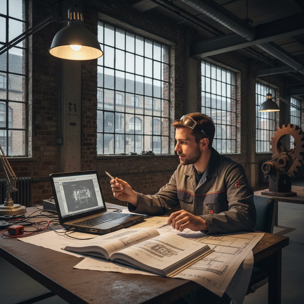 Młody technik analizujący niemiecką dokumentację branżową na laptopie
