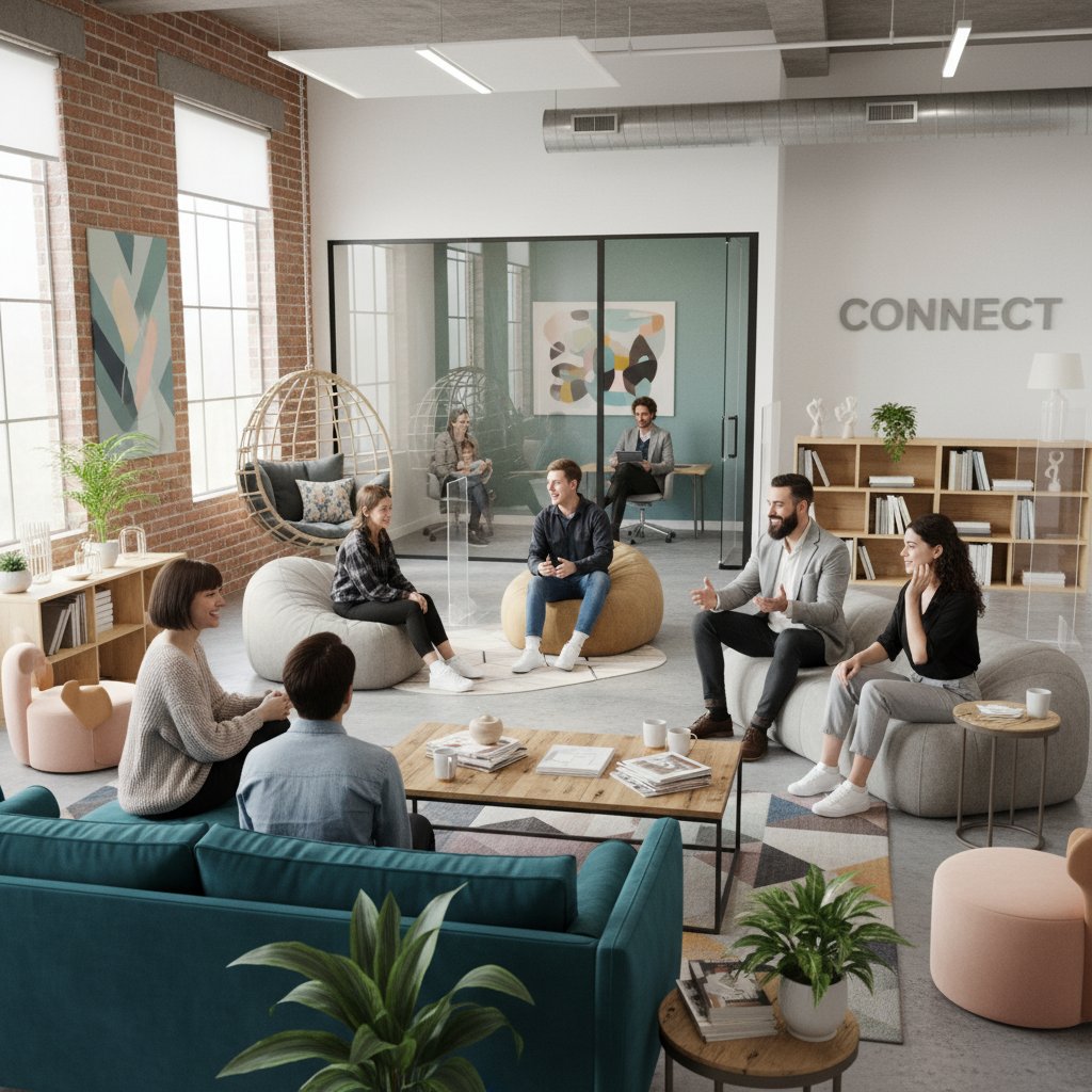 Młodzi terapeuci i pacjenci w nowoczesnym gabinecie, atmosfera otwartości, trendy XXI wieku, słowa kluczowe: psychoanaliza, nowoczesność