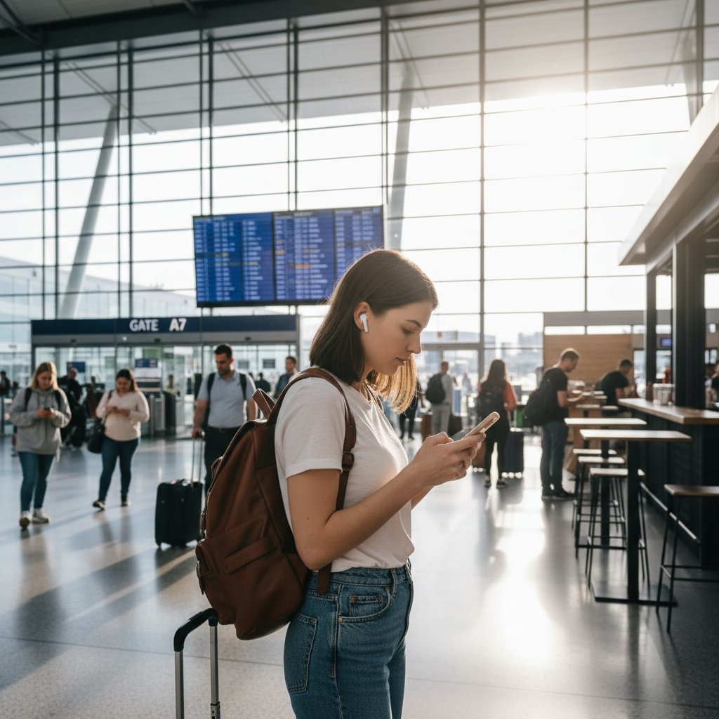 Młody podróżnik sprawdzający oferty lotów na smartfonie na zatłoczonym lotnisku