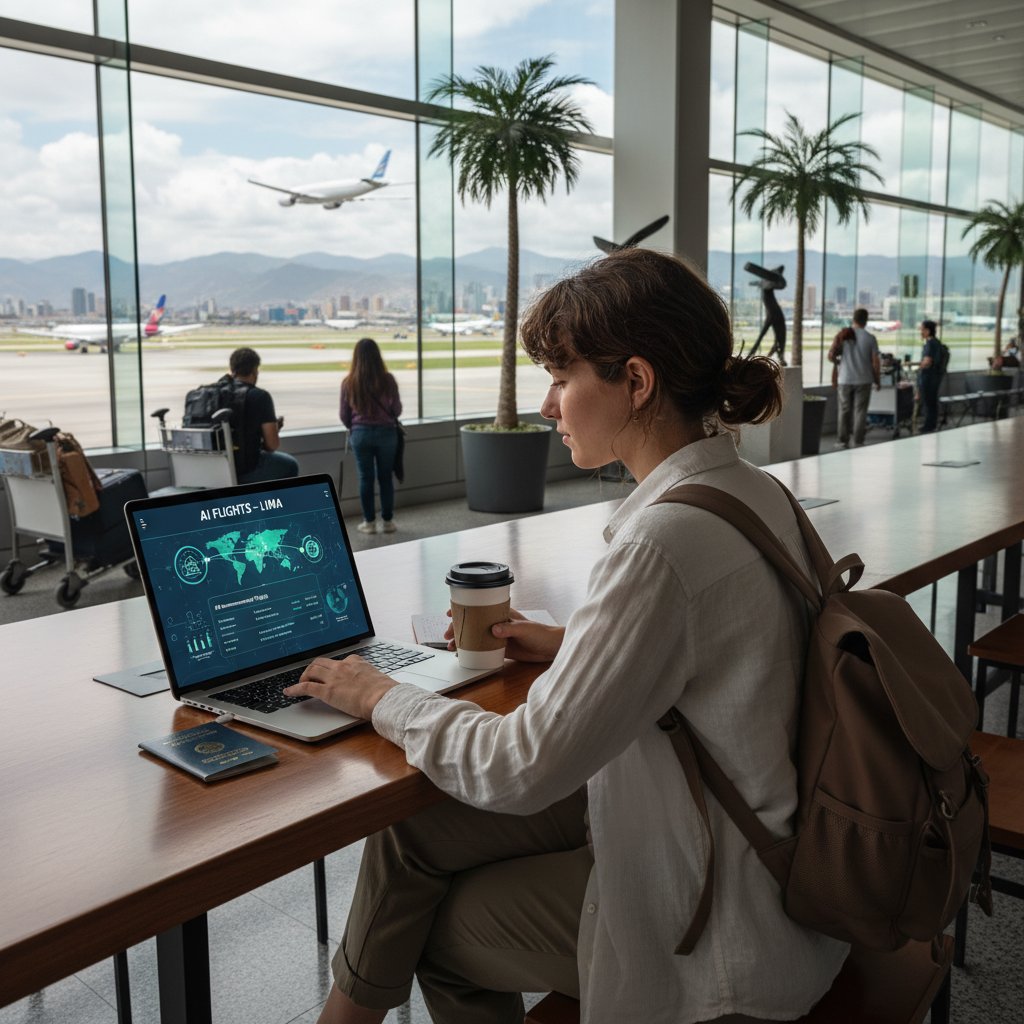 Młody podróżnik korzystający z laptopa na lotnisku, analiza ofert AI, planowanie lotu do Limy