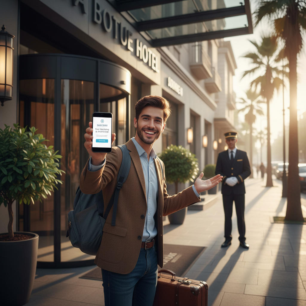 Podróżnik cieszący się z rezerwacji hotelu