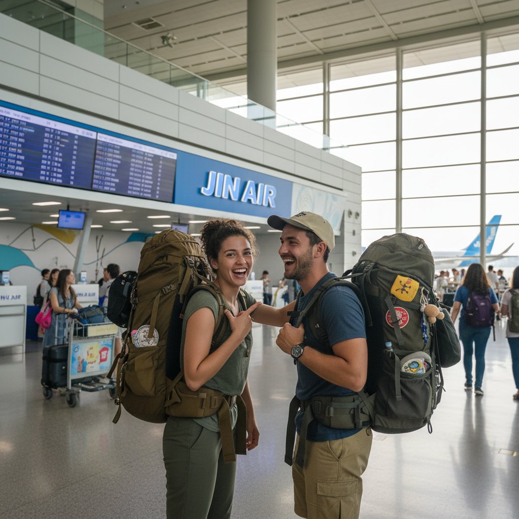 Young travelers arriving at Seoul airport, Jin Air sign visible, backpacks, excitement