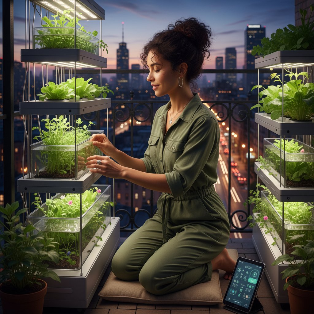 Młoda kobieta obsługuje inteligentny ogród na balkonie nocą z widokiem na miasto