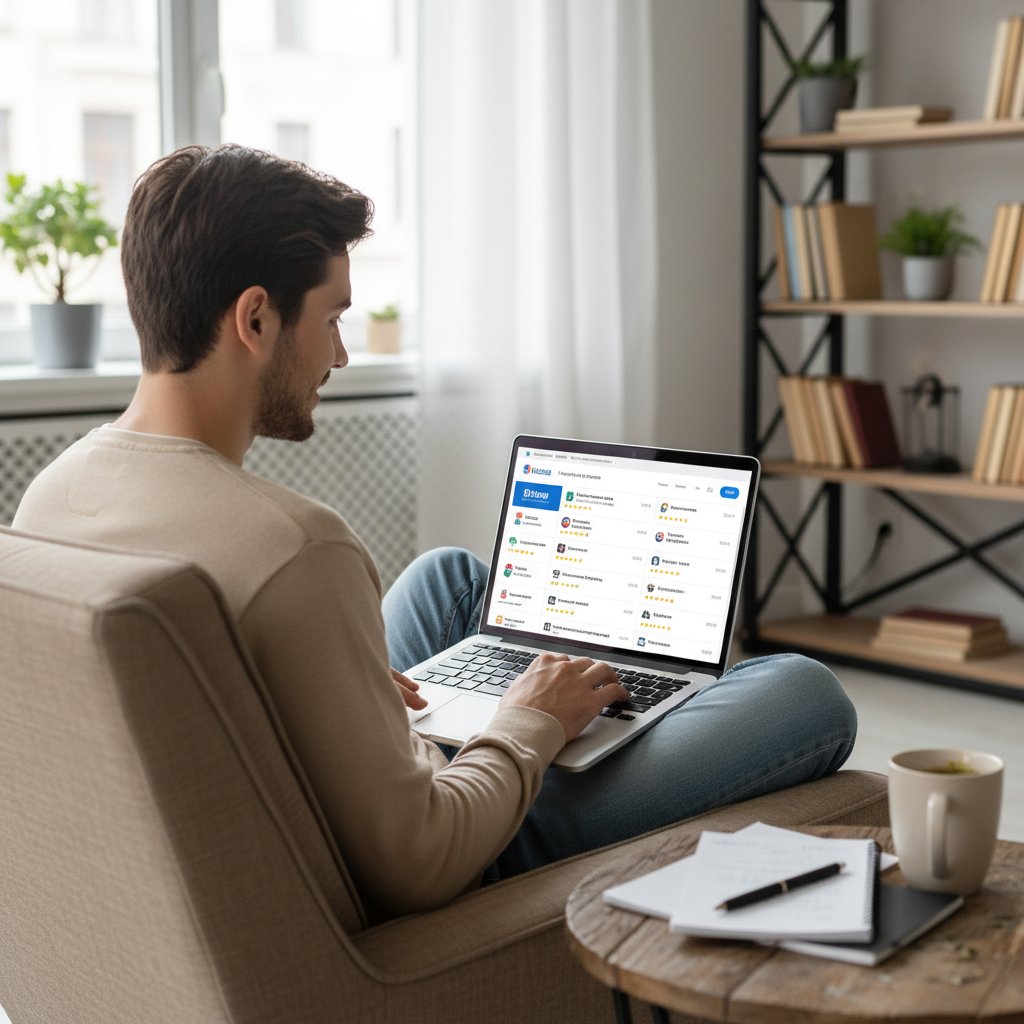 Młody użytkownik porównujący kursy rosyjskiego online na ekranie laptopa, analizuje recenzje i funkcje