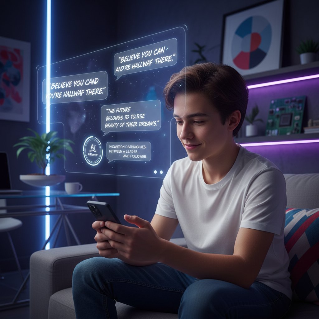 Młody użytkownik rozmawiający z AI przez telefon, otoczony inspirującymi cytatami i symbolami technologii