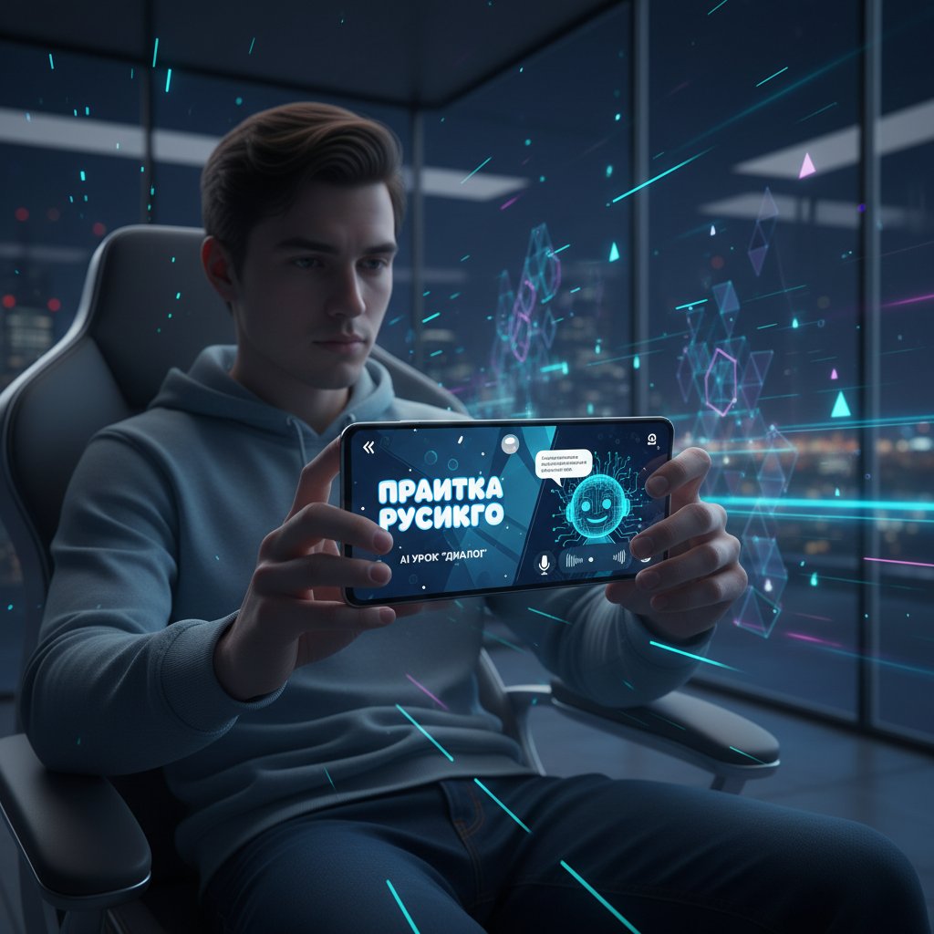Młody użytkownik ćwiczy rosyjski z interaktywną AI na smartfonie, tło nowoczesne, dynamiczne
