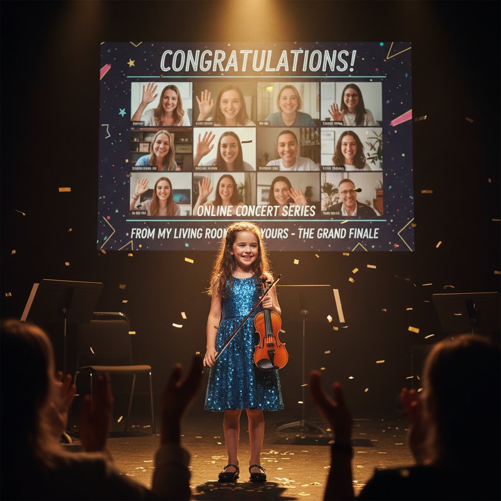 Młoda skrzypaczka gra na scenie po kursie online, publiczność bije brawo