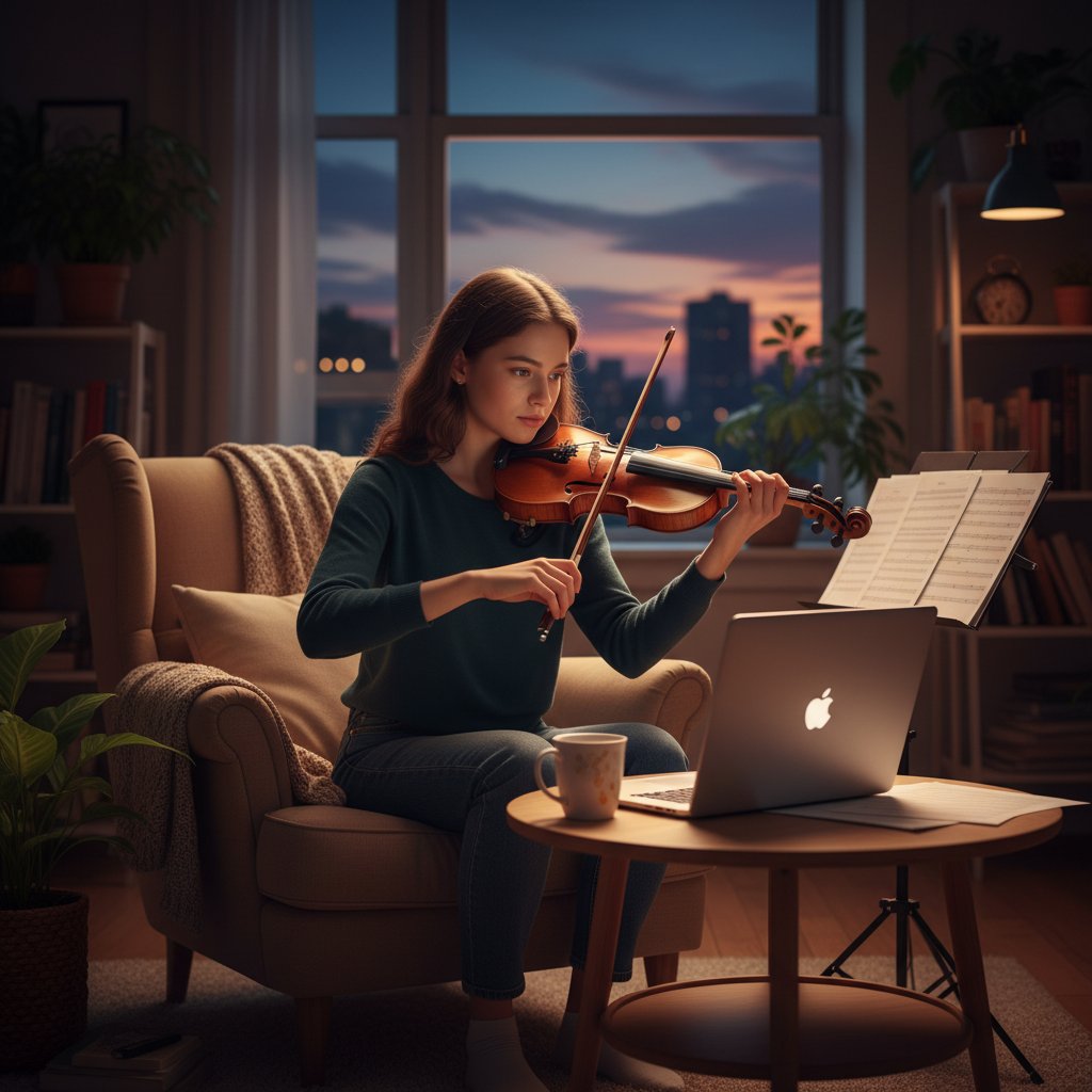 Młody skrzypek ćwiczy w domu podczas pandemii, laptop obok, klimatyczne światło