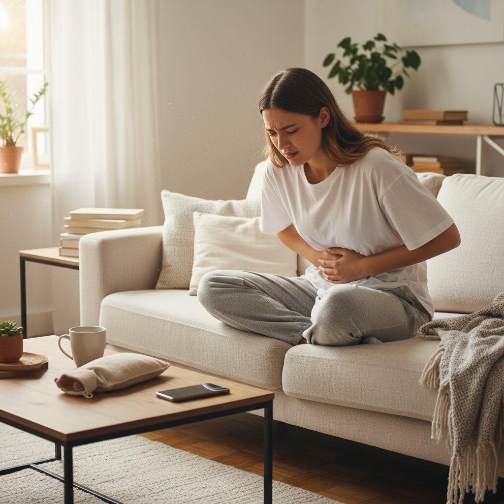 Młoda kobieta siedząca na łóżku z wyrazem bólu na twarzy, mocno obejmująca brzuch, w domowym otoczeniu
