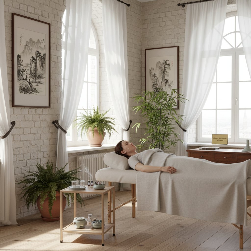Młoda kobieta w gabinecie akupunktury, zrelaksowana, światło dzienne, Warszawa