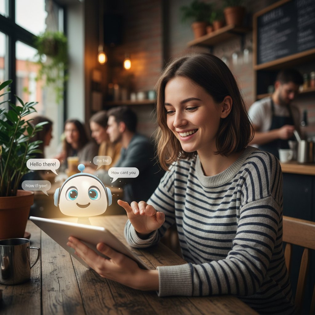 Młoda kobieta rozmawia z chatbotem AI na telefonie w kawiarni, uśmiech, przyjazna atmosfera