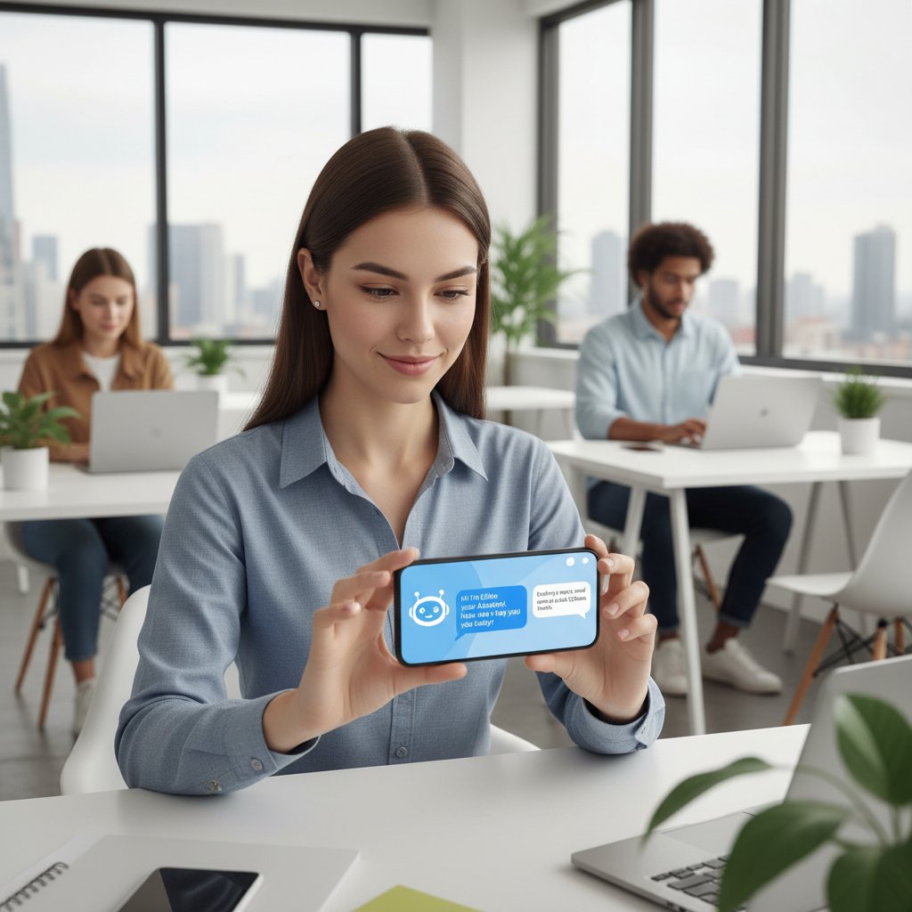 Młoda kobieta rozmawia z chatbotem AI na smartfonie w nowoczesnym biurze