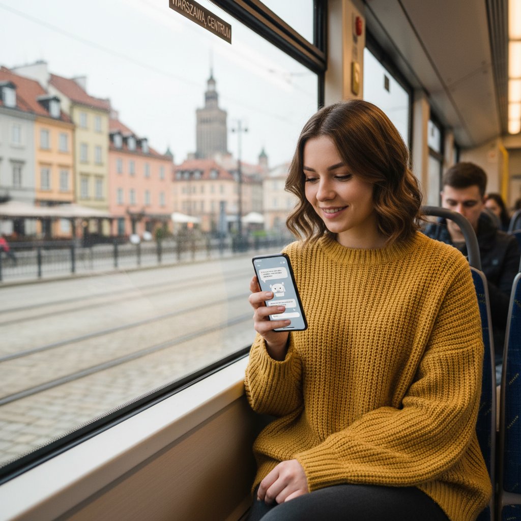 Korzystanie z gpt 4 turbo na smartfonie podczas podróży po Warszawie.