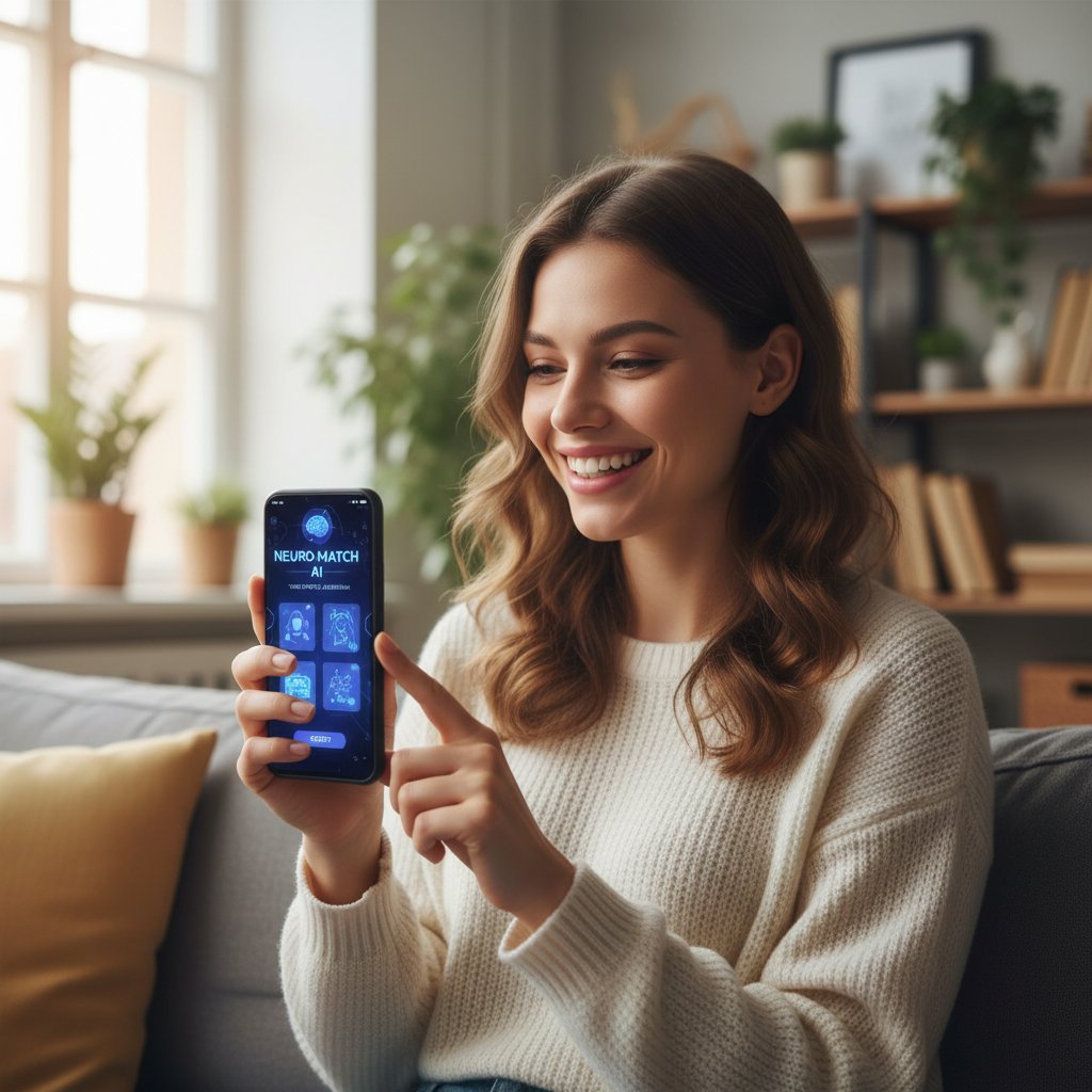 Młoda kobieta korzystająca z aplikacji randkowej AI na smartfonie, z uśmiechem na twarzy