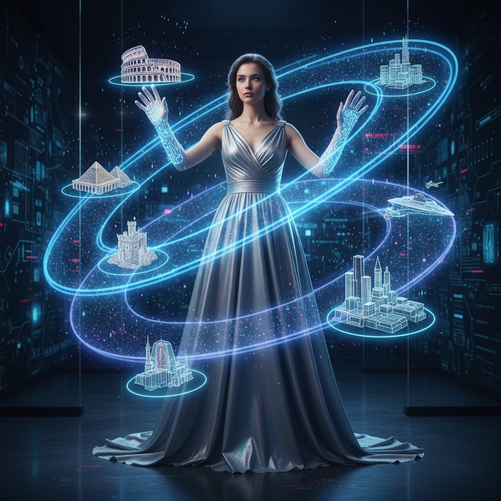 Młoda kobieta korzysta z holograficznego interfejsu AI do nauki historii, niebieska poświata i dynamiczne linie czasu